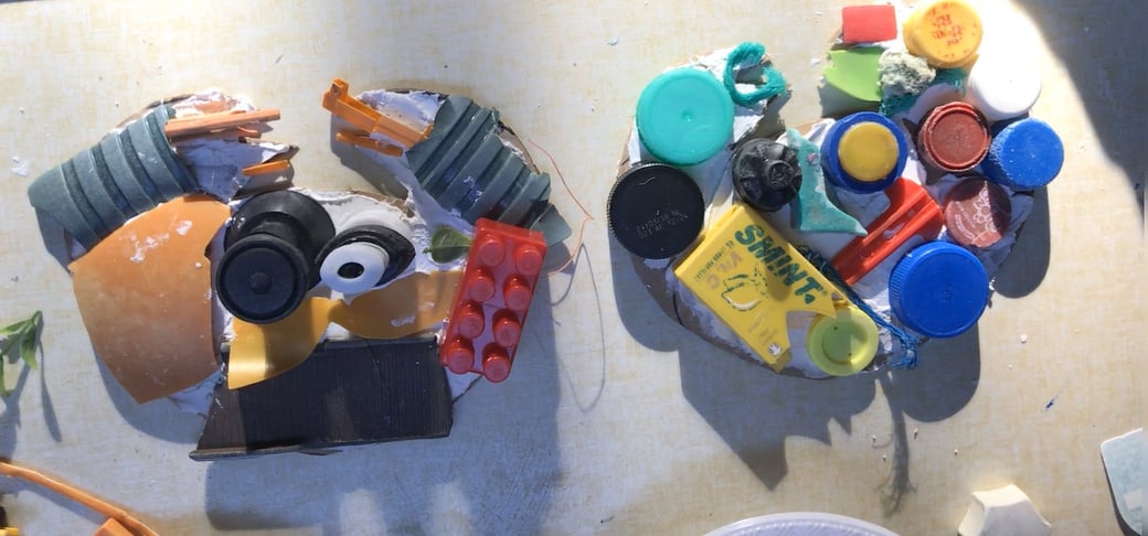 Crabs made from rubbish collected on Deal Beach Clean, including lego bricks, Smint boxes, various plastic lids etc