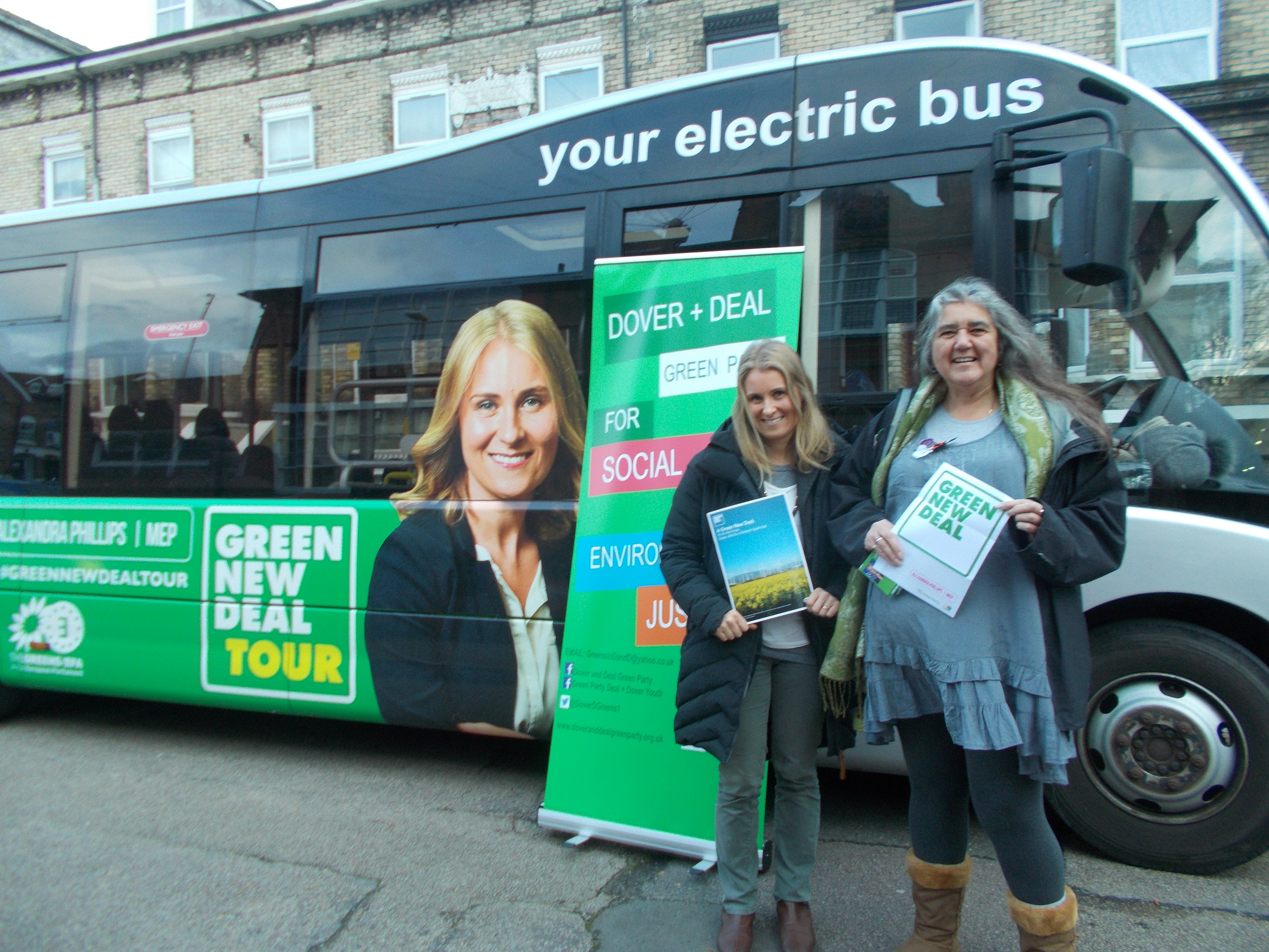 Alex Phillips and Beccy Sawbridge of Dover and Deal Green Party, in front of the electric bus