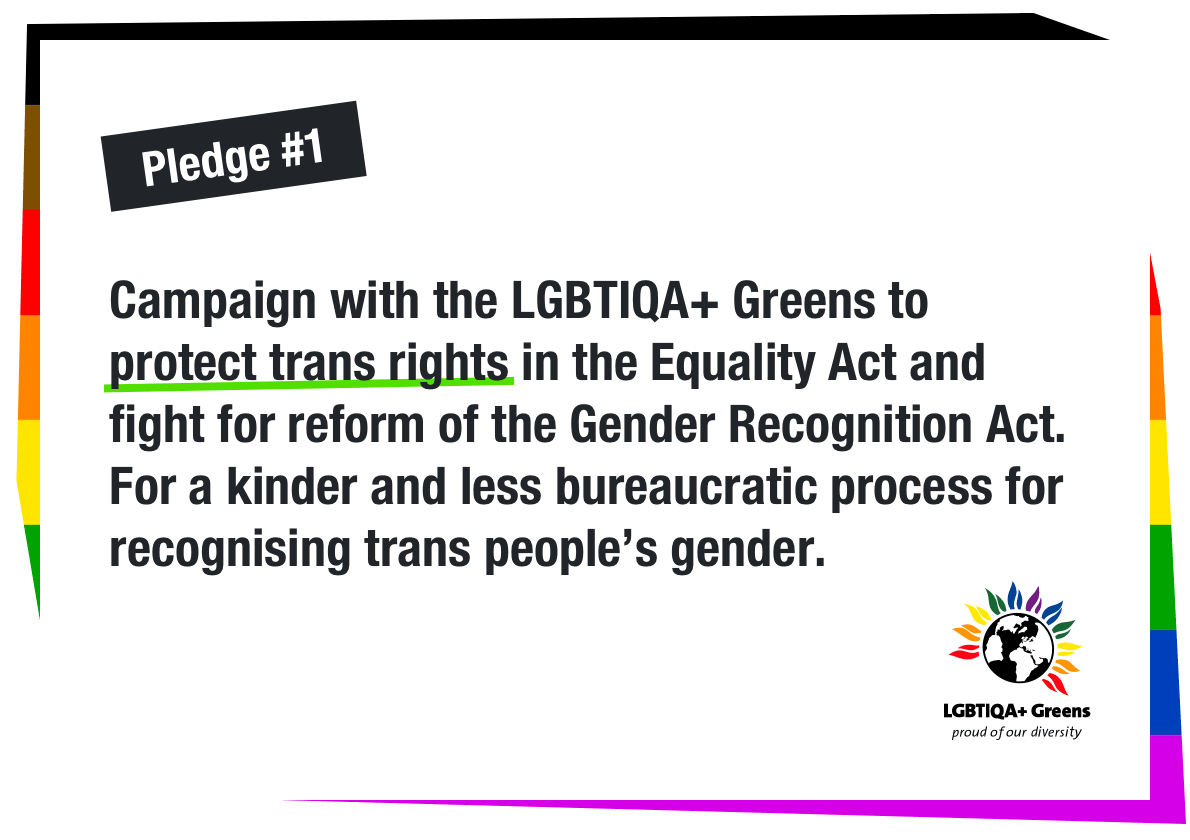 We ask you to commit to: Campaign with the LGBTIQA+ Greens to protect trans rights in the Equality Act and fight for reform of the Gender Recognition Act. For a kinder and less bureaucratic process for recognising trans people’s gender