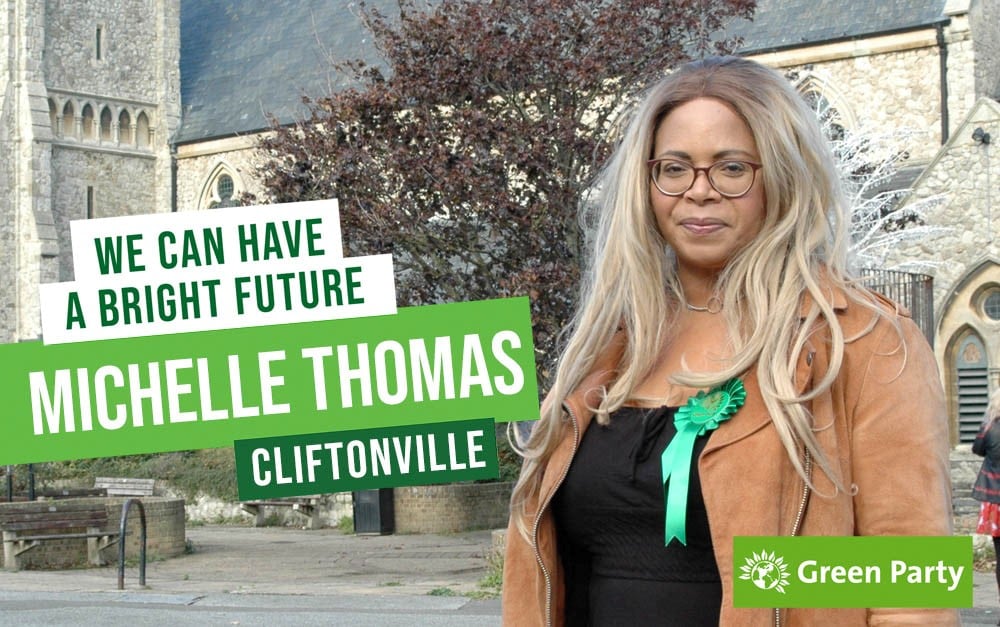 Michelle in Cliftonville with slogan we can have a bright future