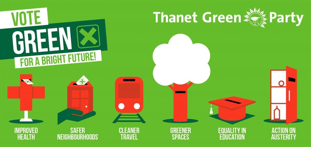 Red icons on green background and text: Vote Green for a bright future: improved health, safer neighbourhoods, cleaner travel, greener spaces, equality in education, action on austerity