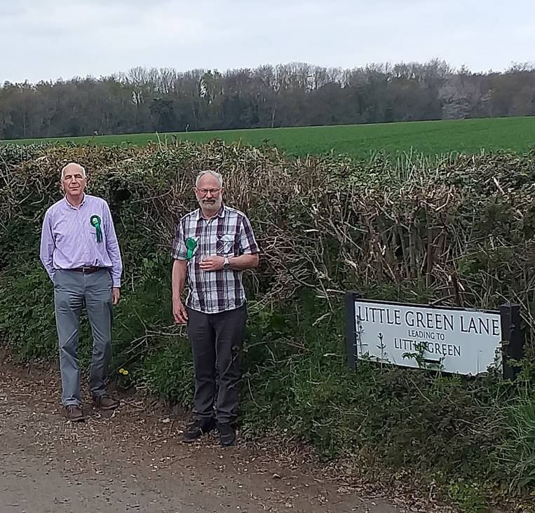 Andrew Gallagher and Chris Mitchell stand by the hedgerow at Little Green Lane